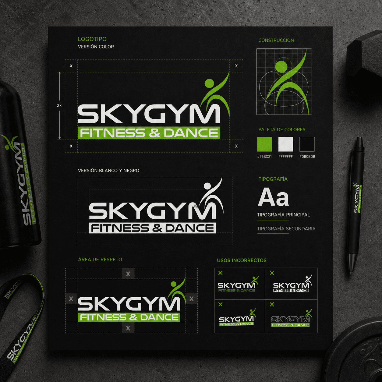 Detalle cuadrado de la paleta cromática y elementos visuales de SKYGYM