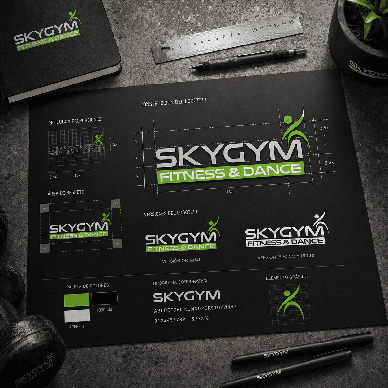 Variantes del logotipo SKYGYM en diferentes contextos de aplicación