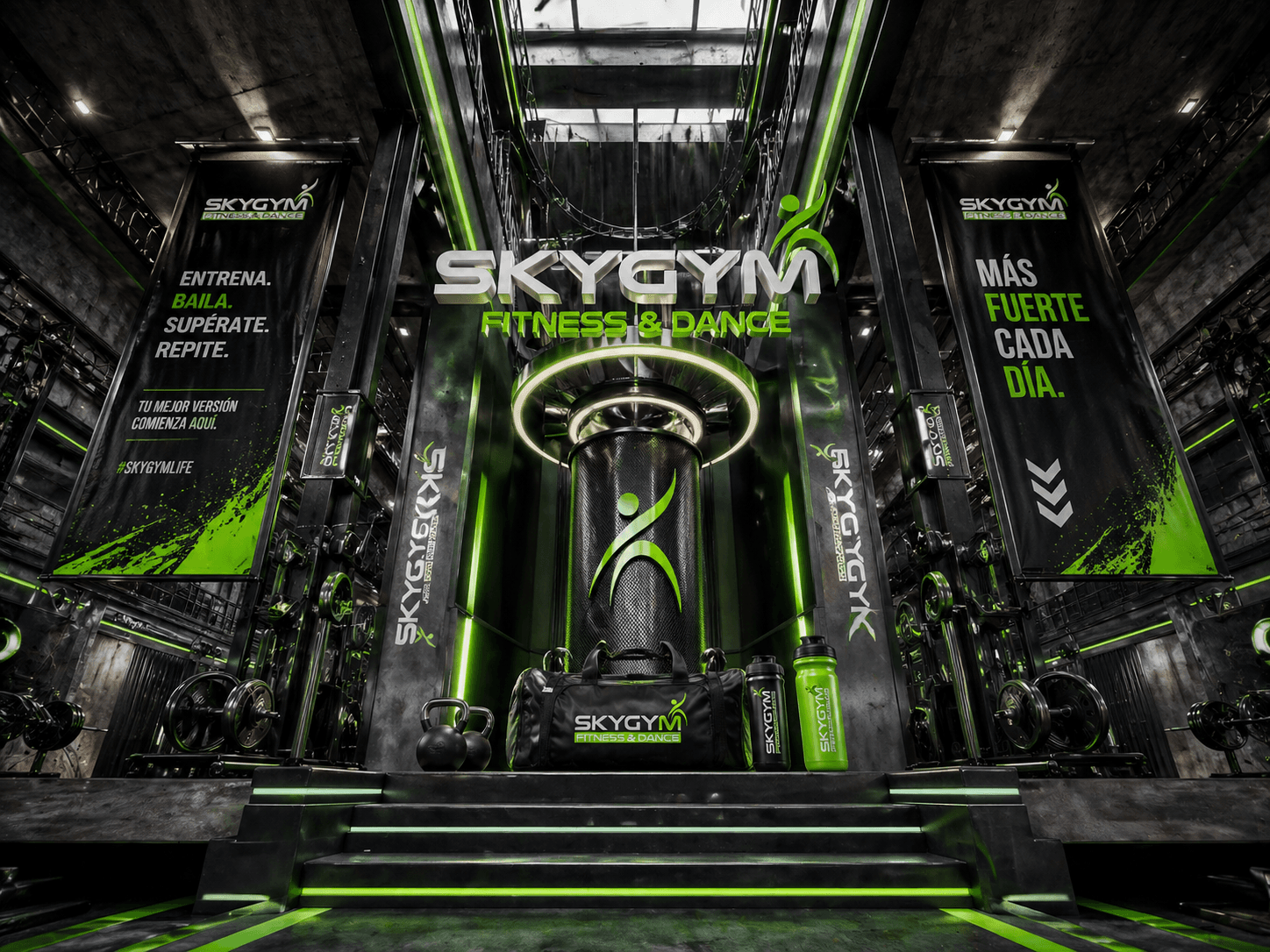 Aplicación horizontal del sistema visual de SKYGYM en pieza gráfica completa